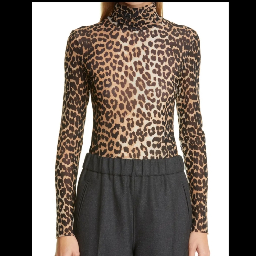 GANNI Animal Print Mesh Turtleneck